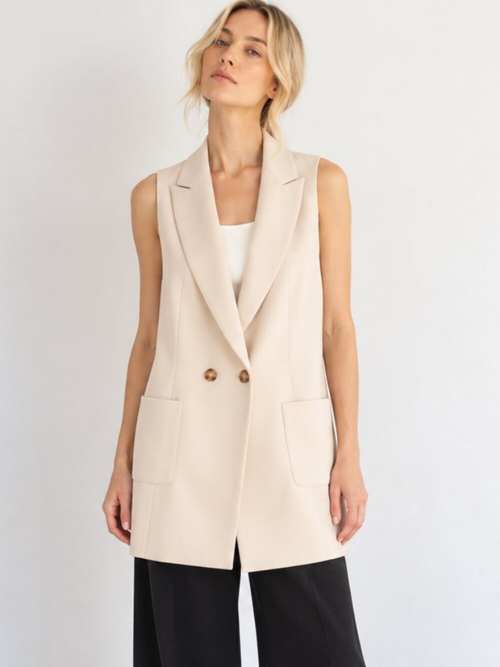 ZARA Cream Double Breasted Longline Sleeveless Blazer Vest Minimalist Career XS